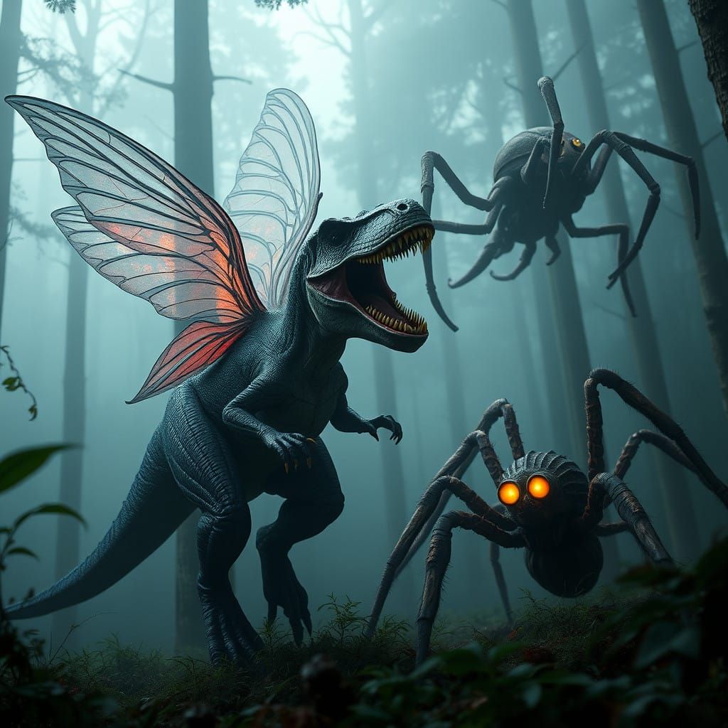 Fierce Fairy-Tyrannosaurus Battle in Dreamlike Forest