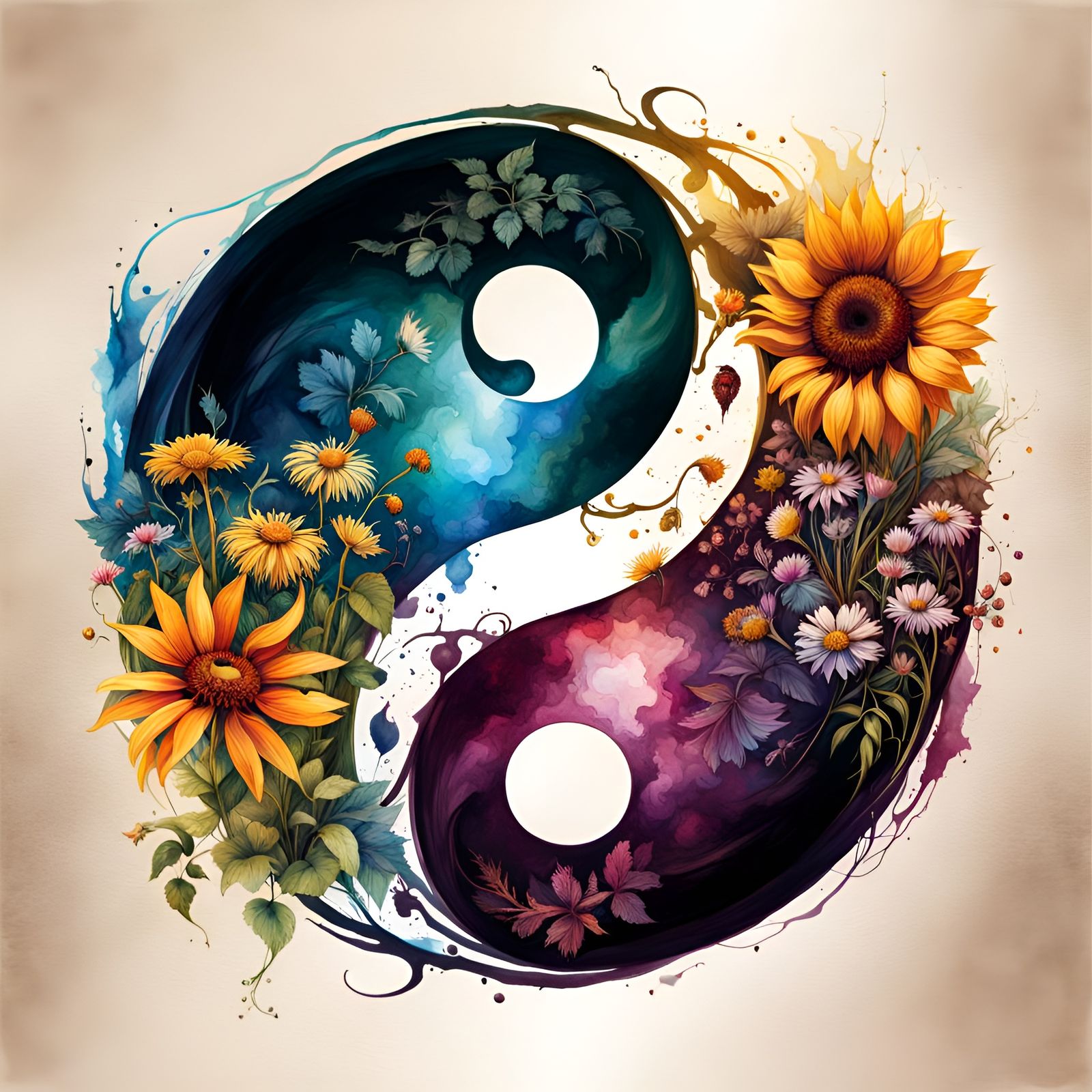 Yin and Yang Wildflower Mascot Logo in Watercolor Style