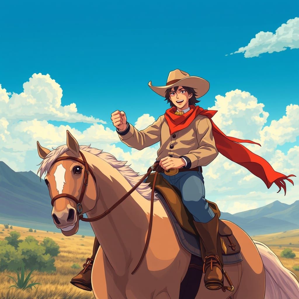 Cowboy Rides Horse in Vibrant Anime Style