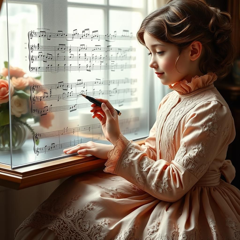 Victorian Girl Writing Music in Watercolor Style