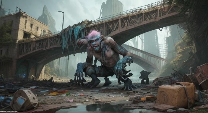 Hyperrealistic Troll Beneath Bridge with Discarded Belonging...