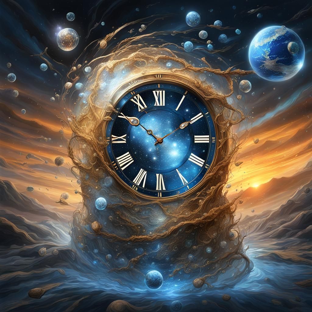 Galactic Clock with Flowing Universes, Detailed Digital Art