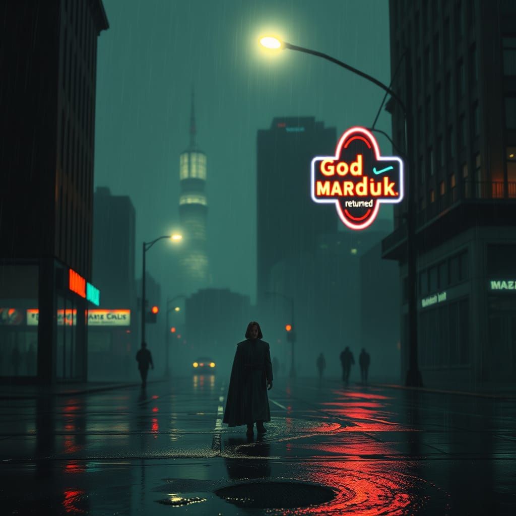 Skywalker on Rainy Street with Neon Cityscape