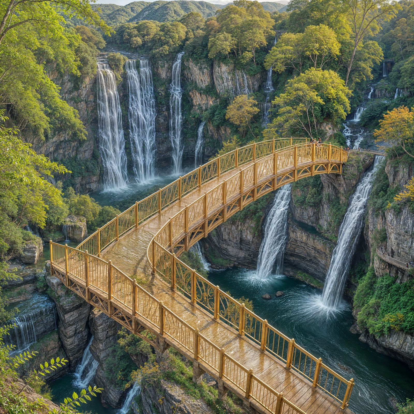 Golden Bridges Over Majestic Waterfalls in Cinematic Lightin...