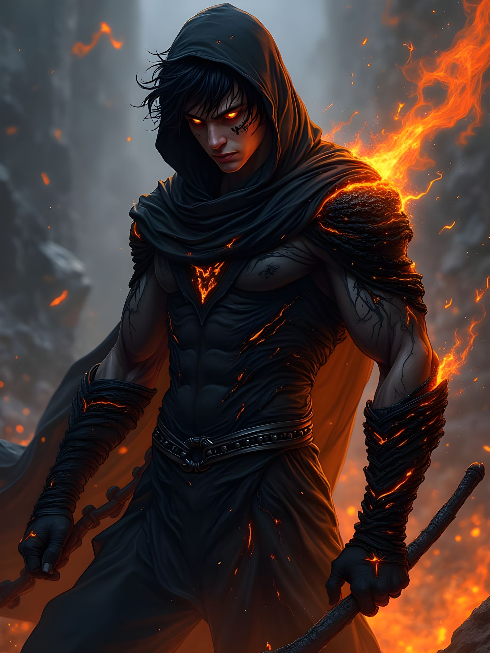 Chiseled Figure with Dark Orange Eyes and Chain Tattoos in a...