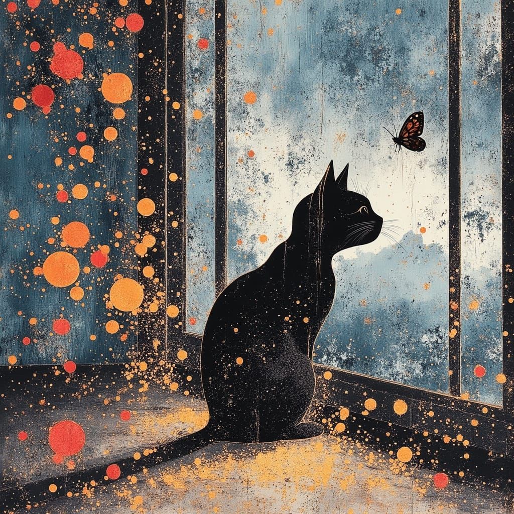 Japanese Cat at Shoji Window in Ukiyo-e Style