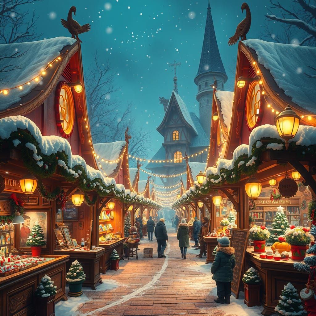 Whimsical Christmas Market Under Starry Winter Skies
