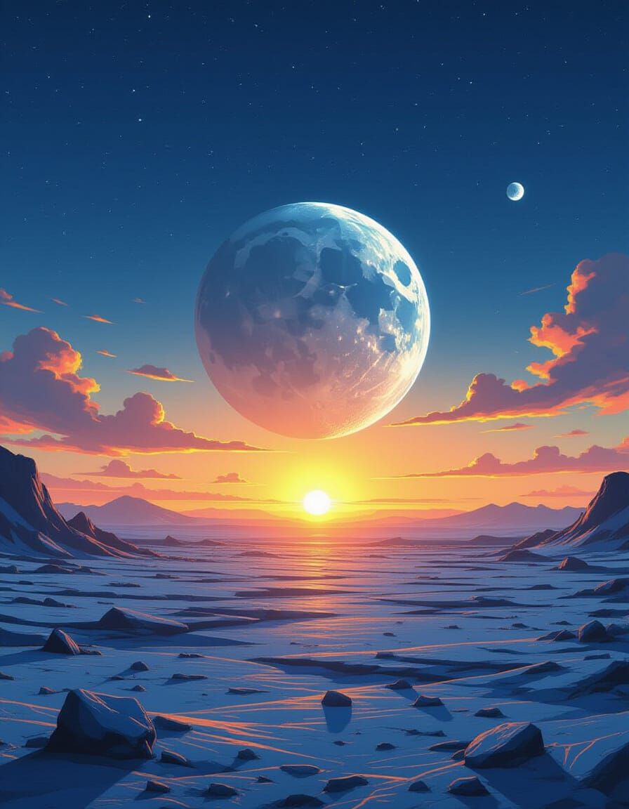 High-quality picture. POV the incredible sunrise of the blue Planet Earth from the ground of the Moon.