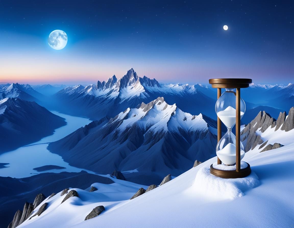 Hourglass on Snowy Peak Under Moonlight