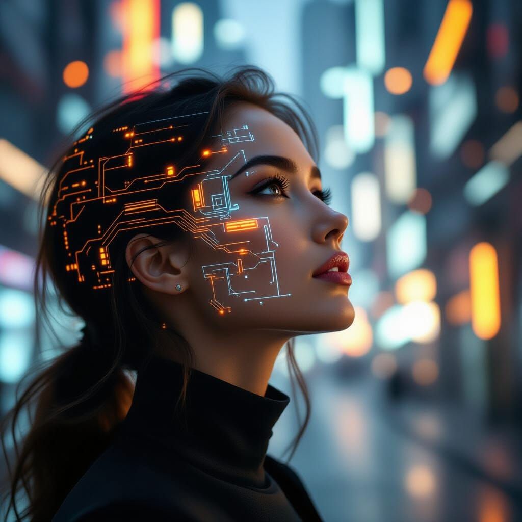 Woman's Face Illuminated by Futuristic Digital Circuits