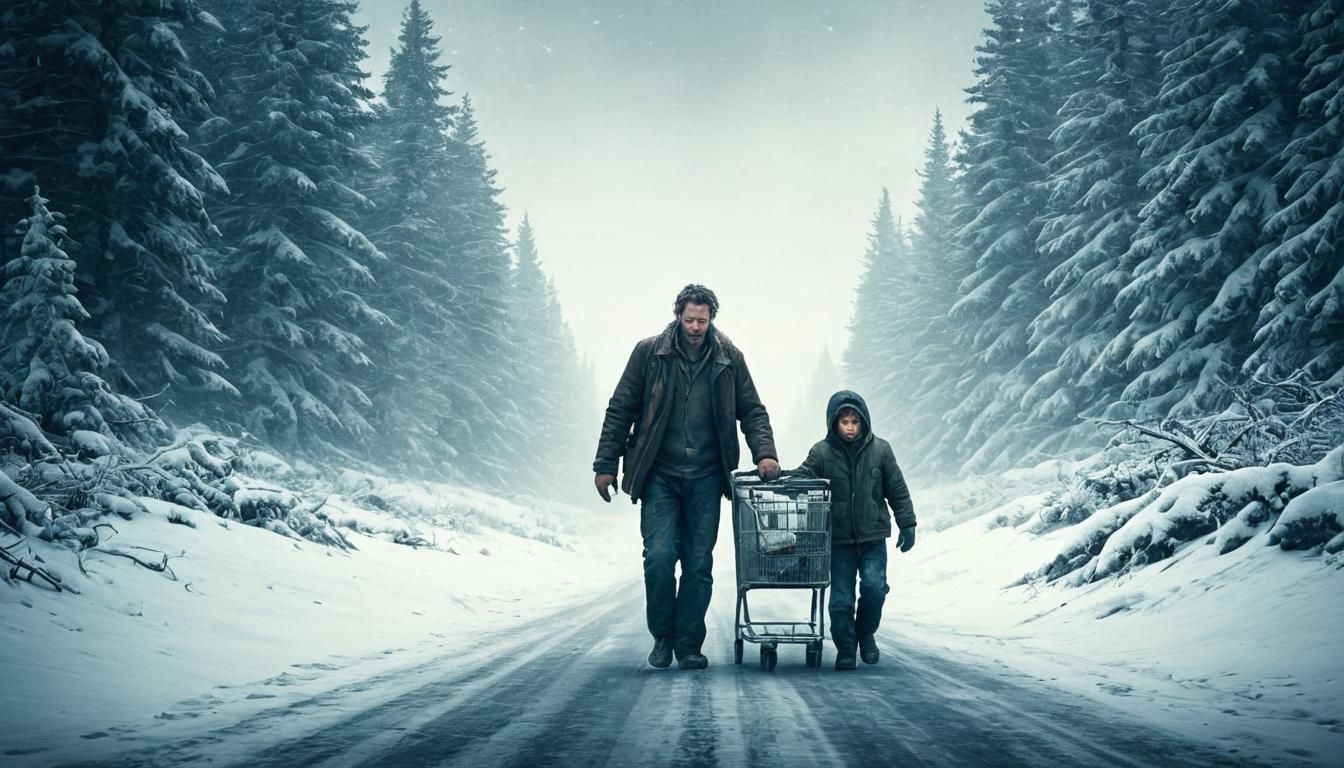 Man and Son Struggle Through Harsh Winter Landscape