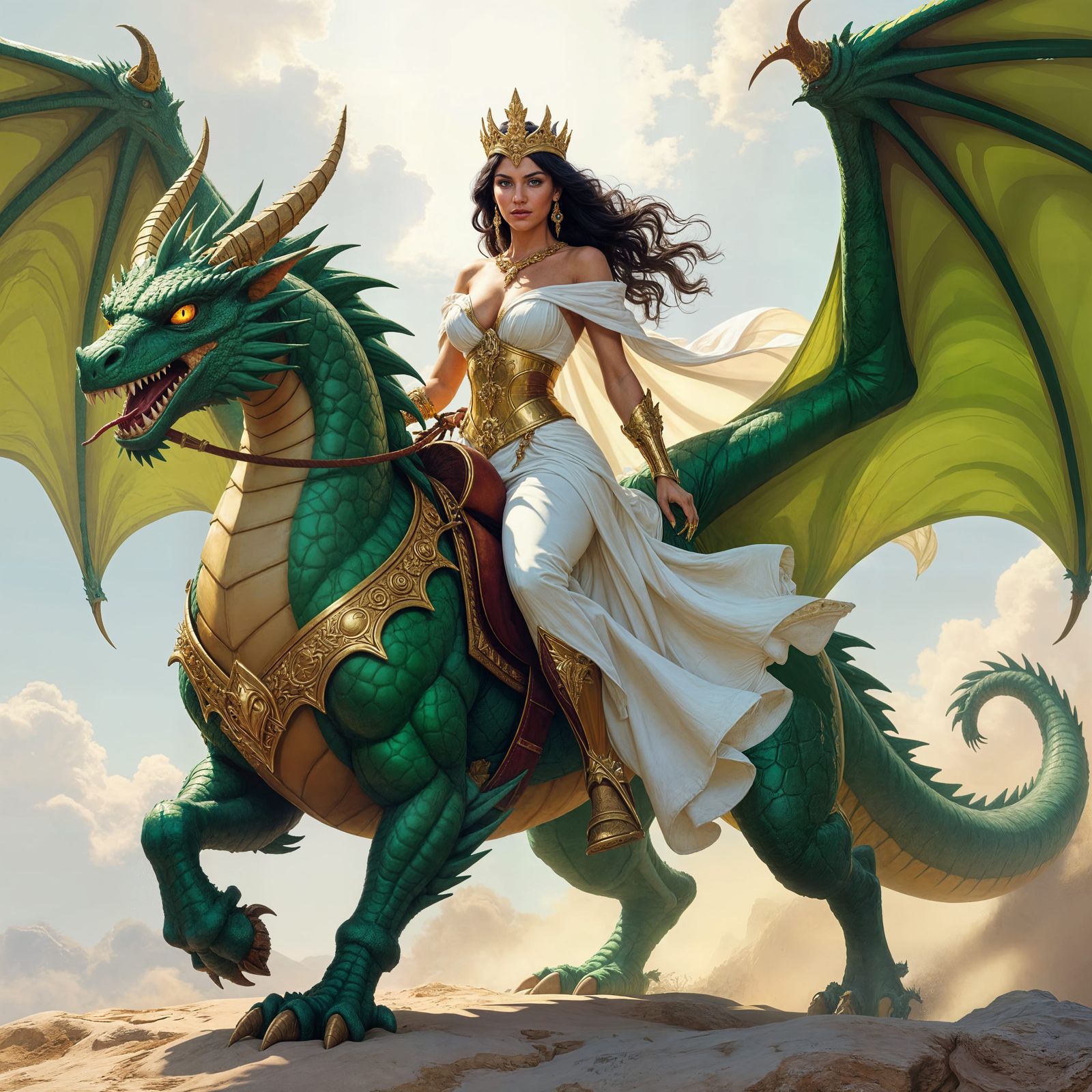 Barbarian Queen Rides a Golden Dragon, Fantasy Art