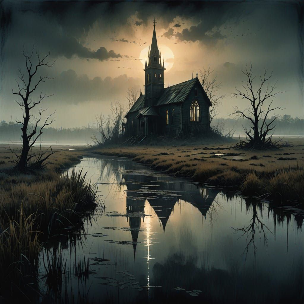 Dark Haunted Swamp with Abandoned Chapel