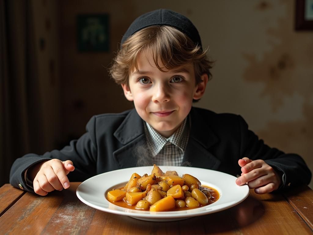 Hassidic Boy Savoring Cholent in Impressionist Style