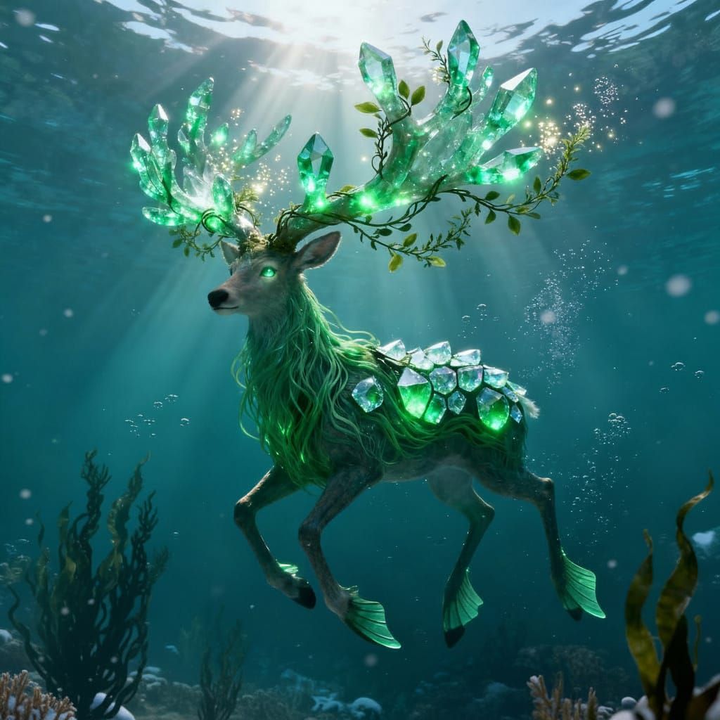Magical Underwater Elk Creature in Crystal Antlers