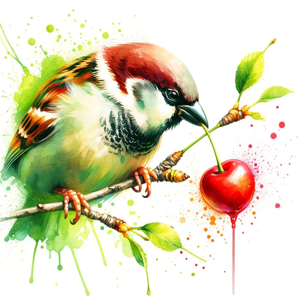 Sparrow and Cherry Stem in Watercolor Style