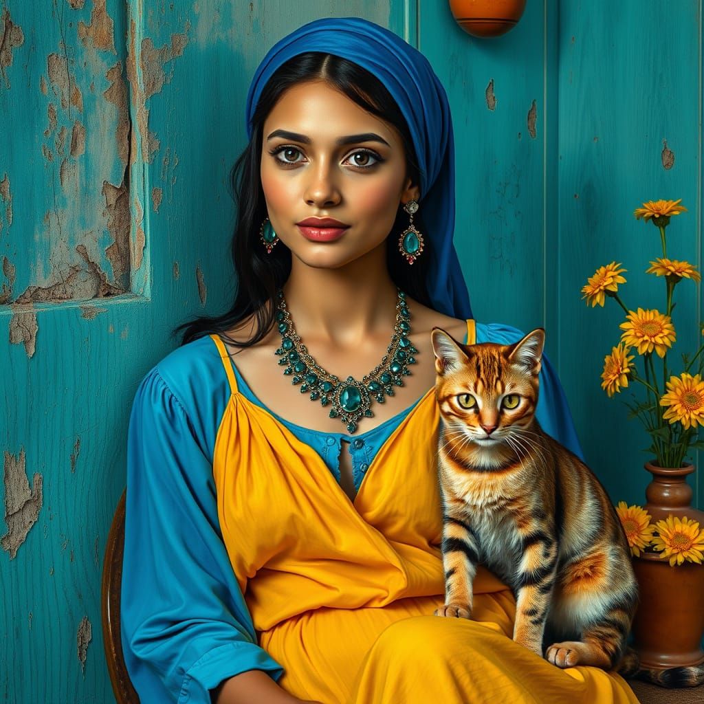 Whimsical Portrait of a Young Woman with a Bengal Cat