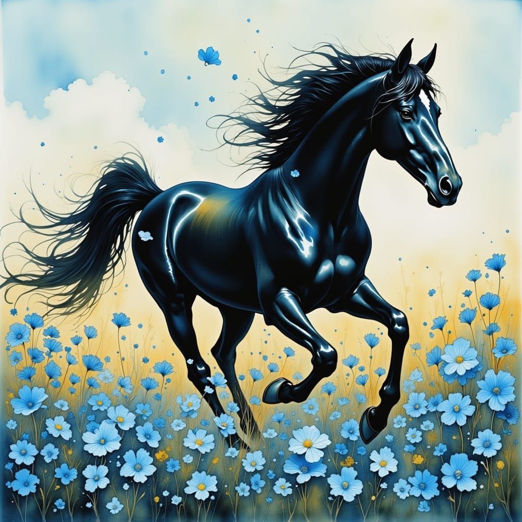 Friesian Horse Galloping Through Blue Flowers