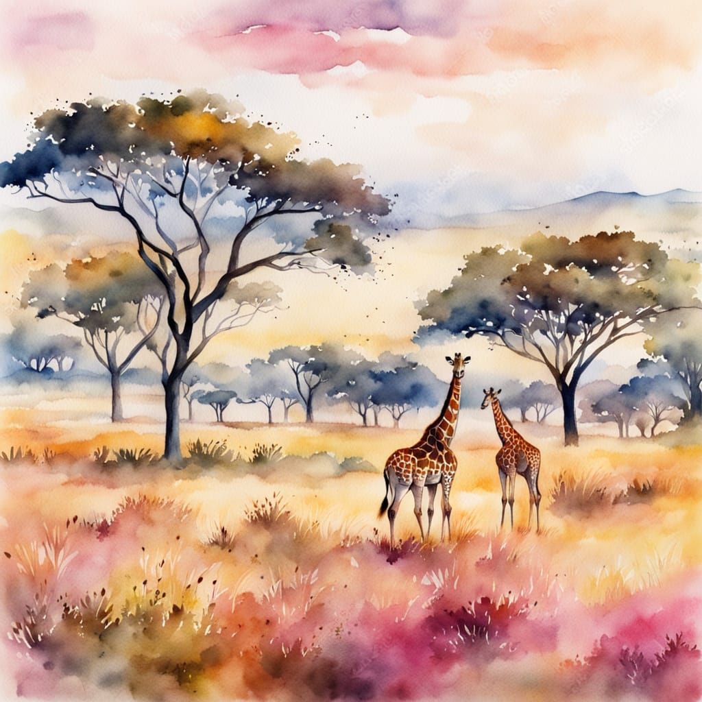 Watercolor Aerial View of African Savannah Landscape