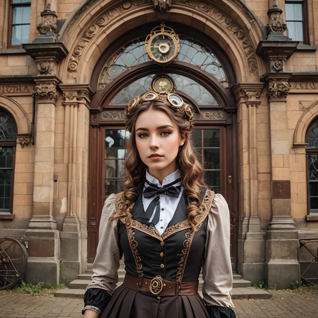 Steampunk Girl in Victorian School Uniform, Art Nouveau Styl...