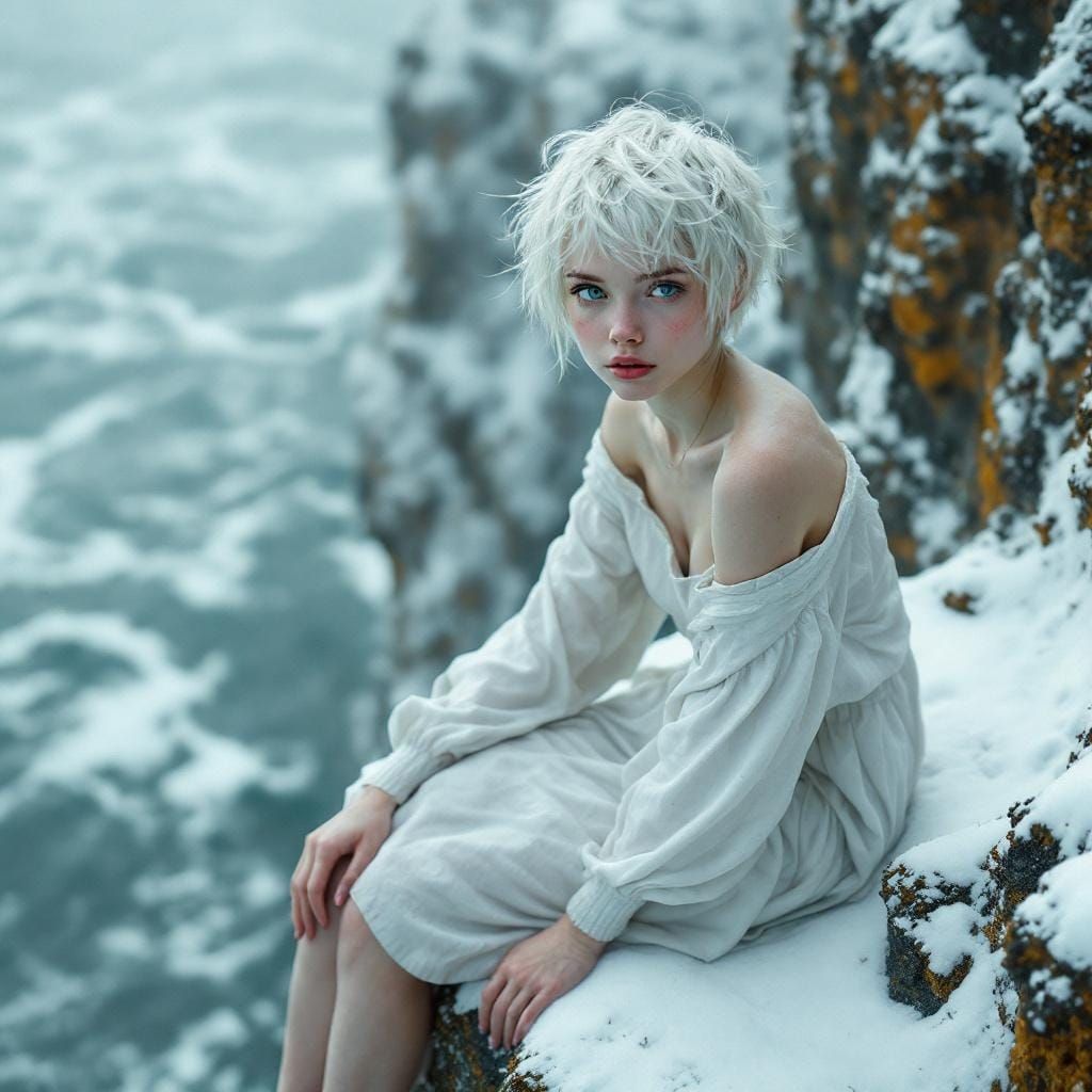 Albino Woman in Blizzard on Cliff Edge