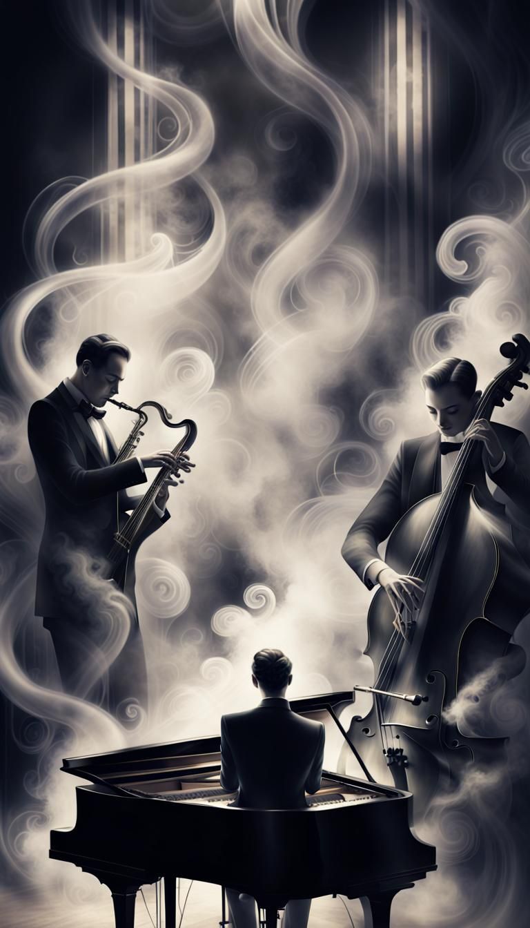 16k resolution, monochrome scene, jazz club from the 1920s, spotlight on a singer and musicians made entirely of swirlin...