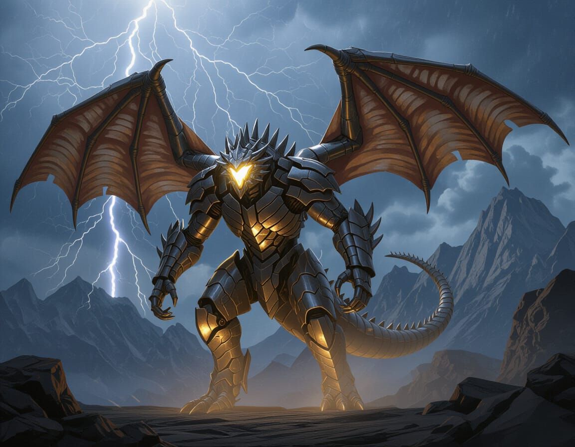 Metallic Golem Dragon in Flight Amidst Storm