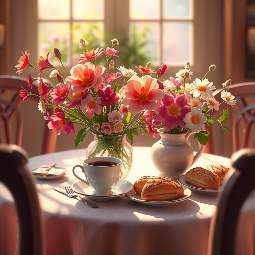 Festive Mother's Day Table Setting with Coffee, Pastries, an...