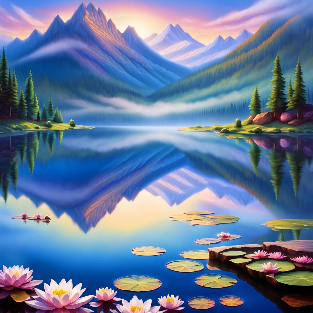 Misty Mountains Reflected in Crystal Lake: Digital Art