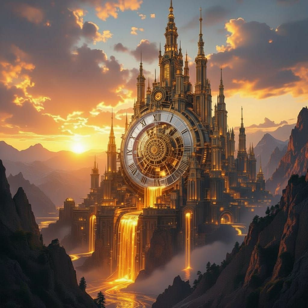 Clockwork Mountain City in Golden Sunset Light
