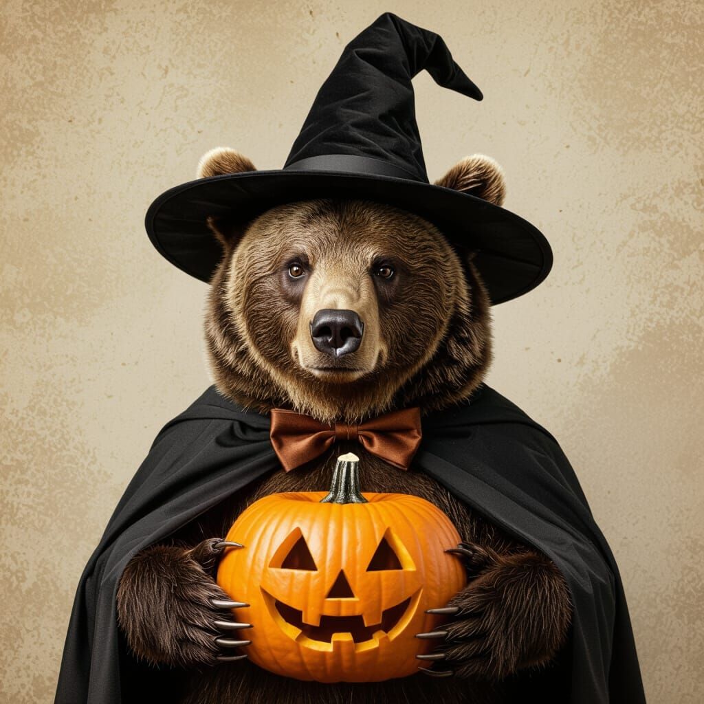 Brown Bear Halloween Wizard Holding Jack-o-lantern in Vintag...