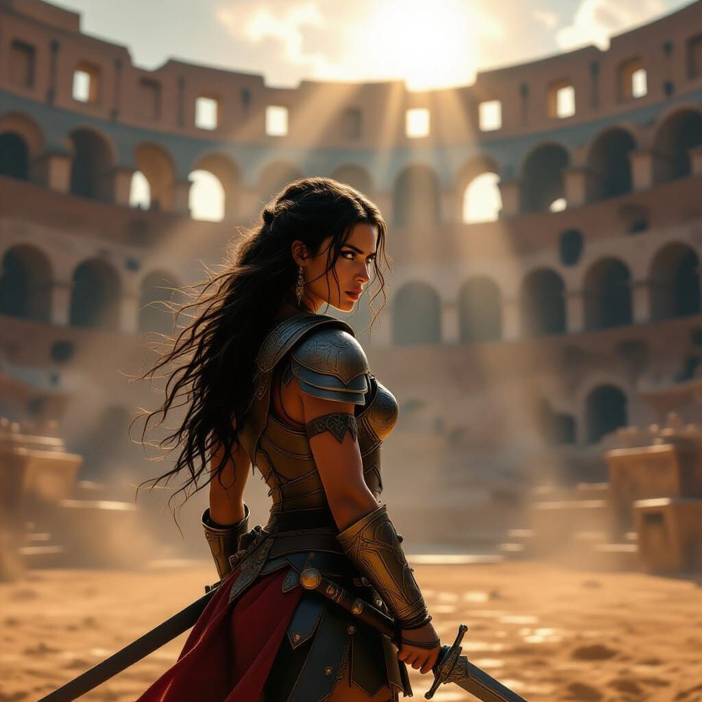 Warrior Woman in Colosseum Ready for Battle