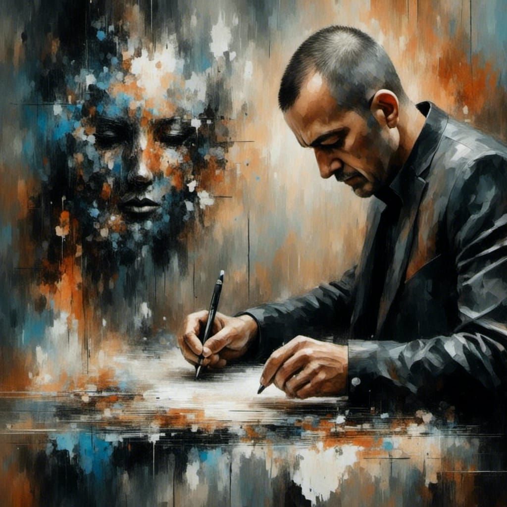 Surreal Doppelganger Signing a Document as Oil Painting