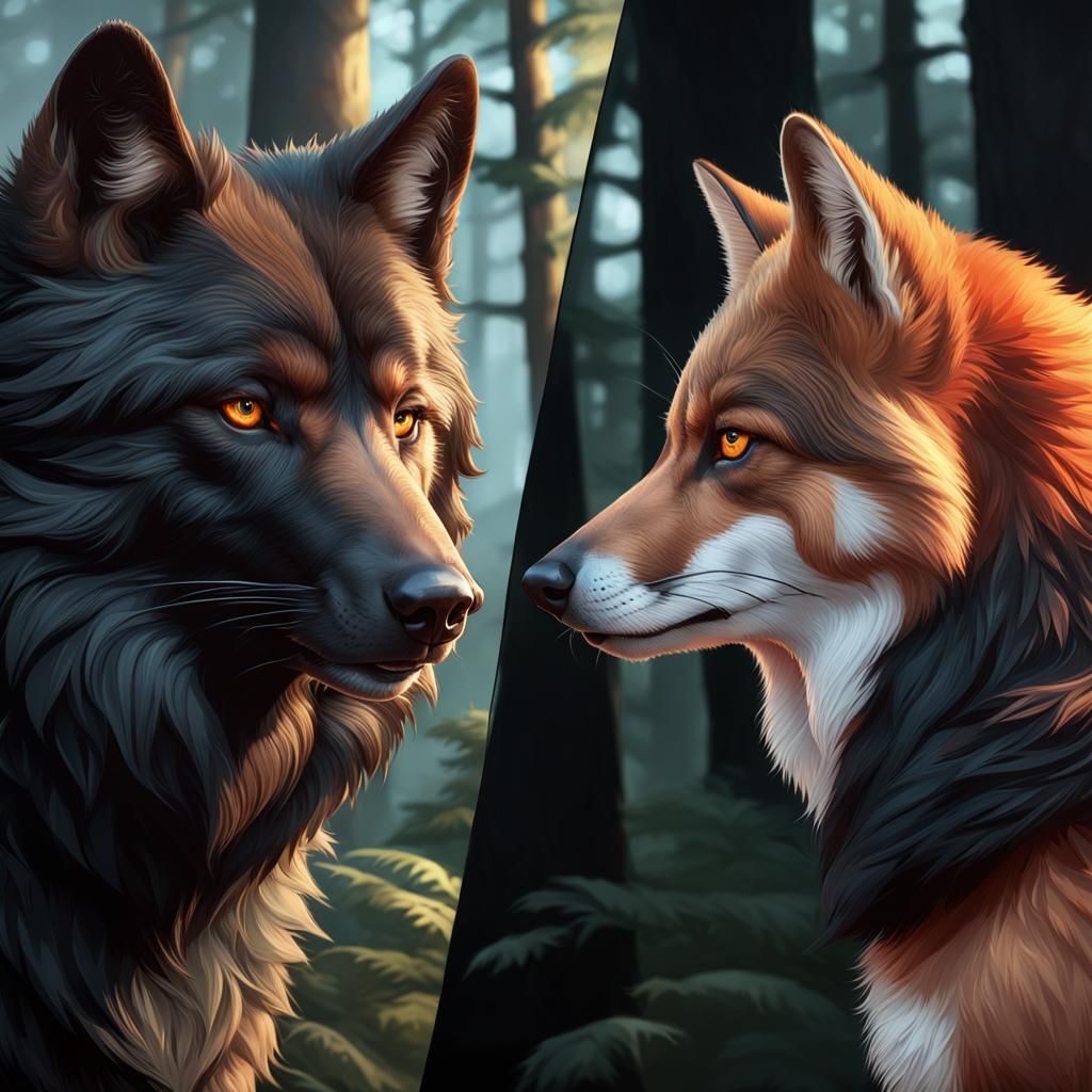 Wolf and Fox Portrait in Hyperdetailed Style