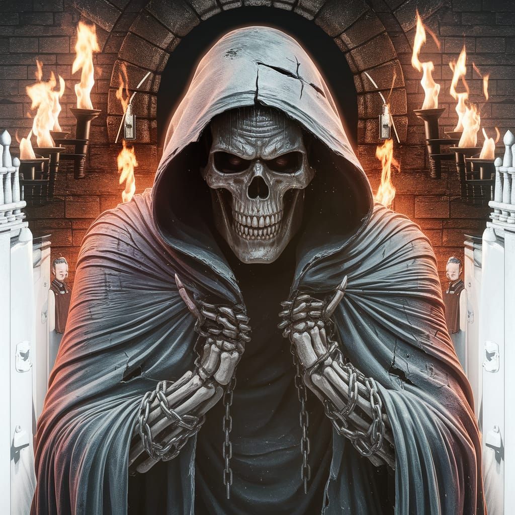 Skeletal Reaper Deity Shatters Chains in Stone Cell