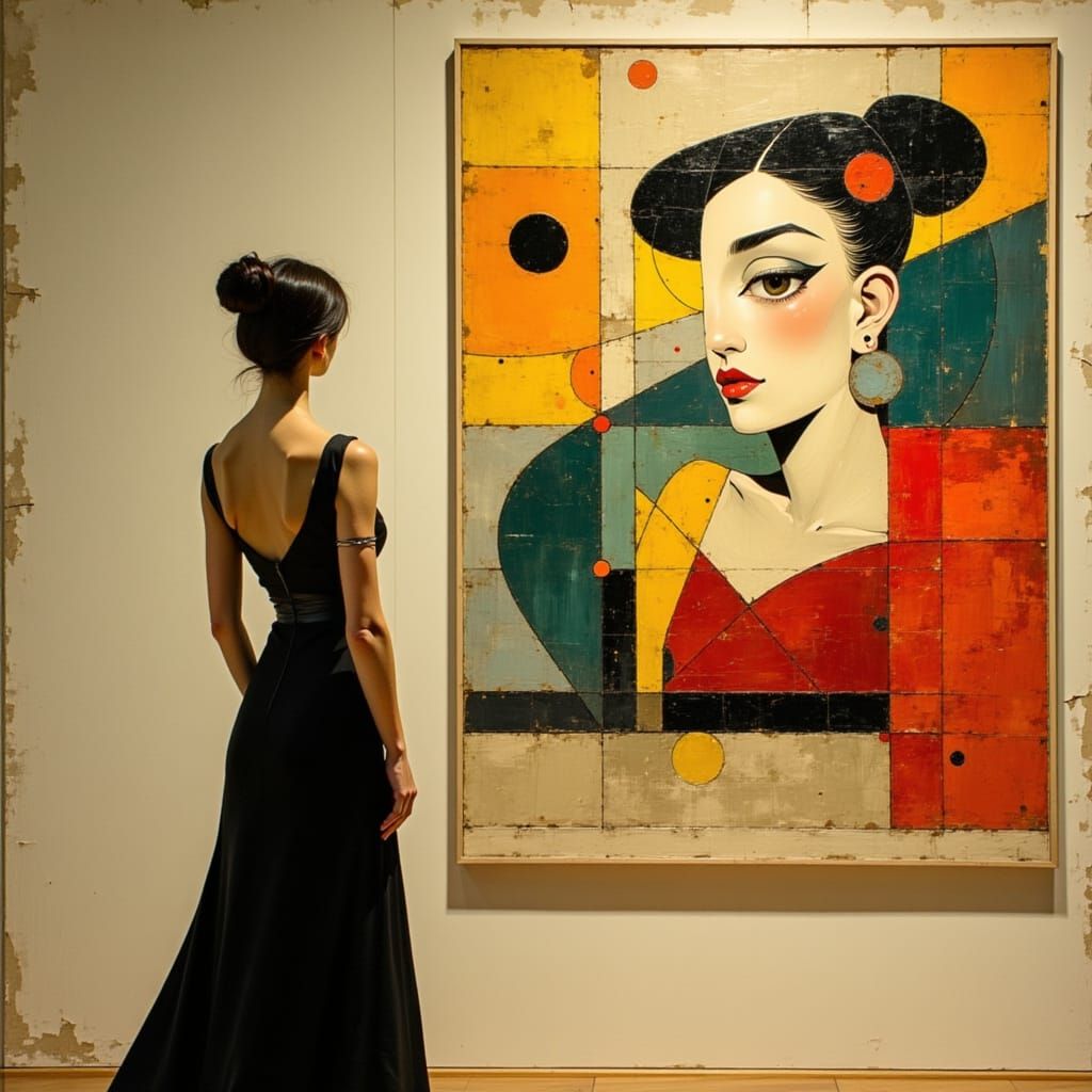 Woman Admiring Cubist Art in Gallery