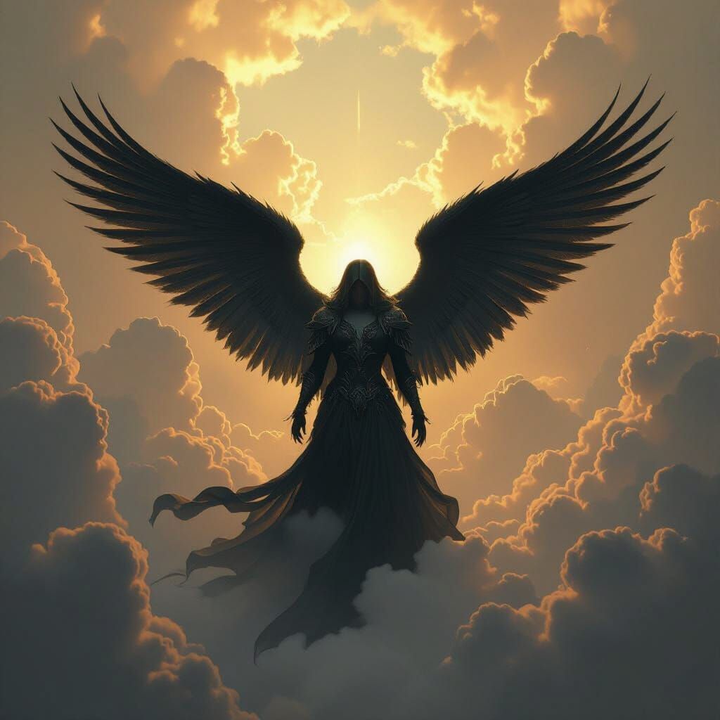 Fallen Angel in Heaven with Dark Wings
