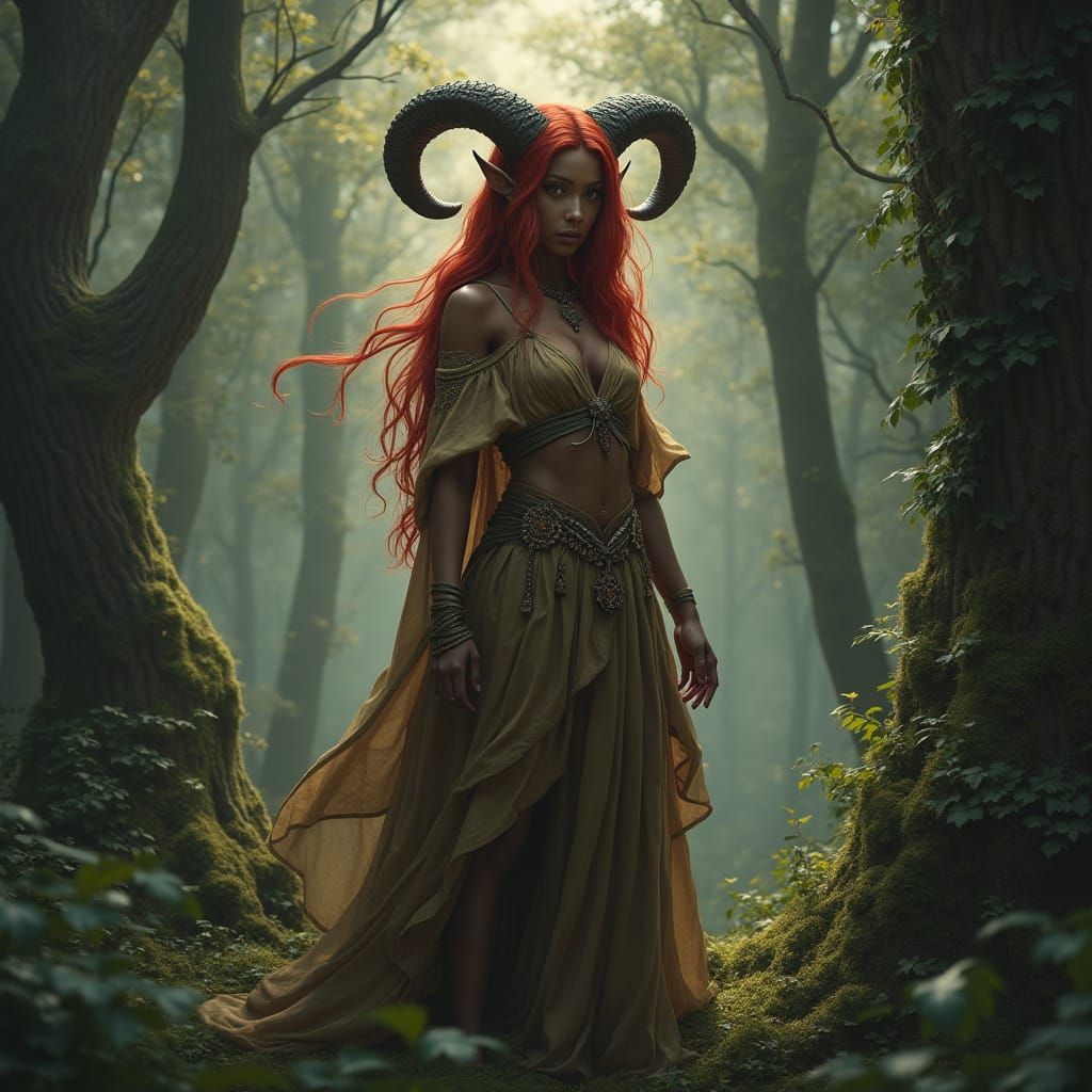 Ethereal Satyr Goddess in Ancient Forest