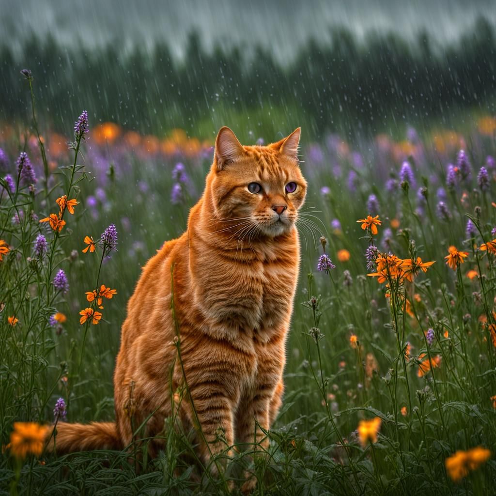 Ginger Cat in Wildflower Field in the Rain