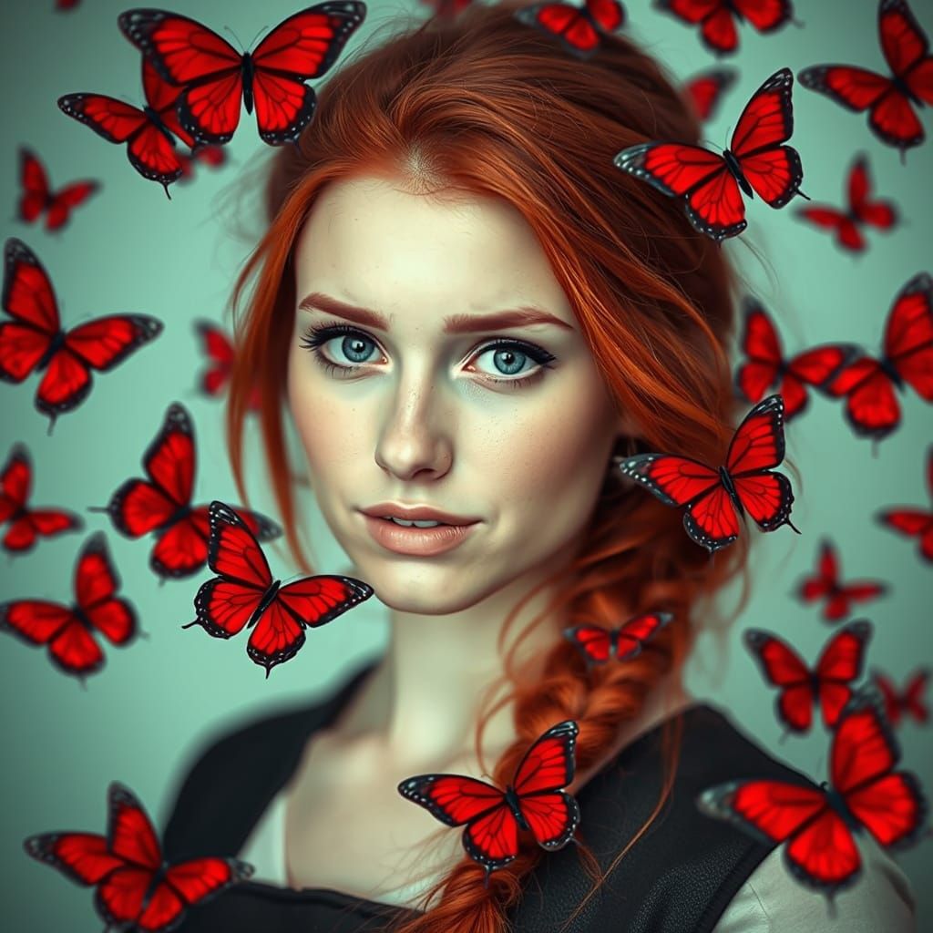 Red-Haired Woman with Butterflies Digital Art