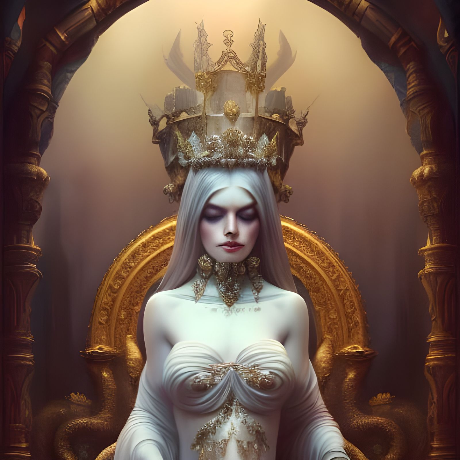 Alabaster Queen on Throne in Gothic Art Style