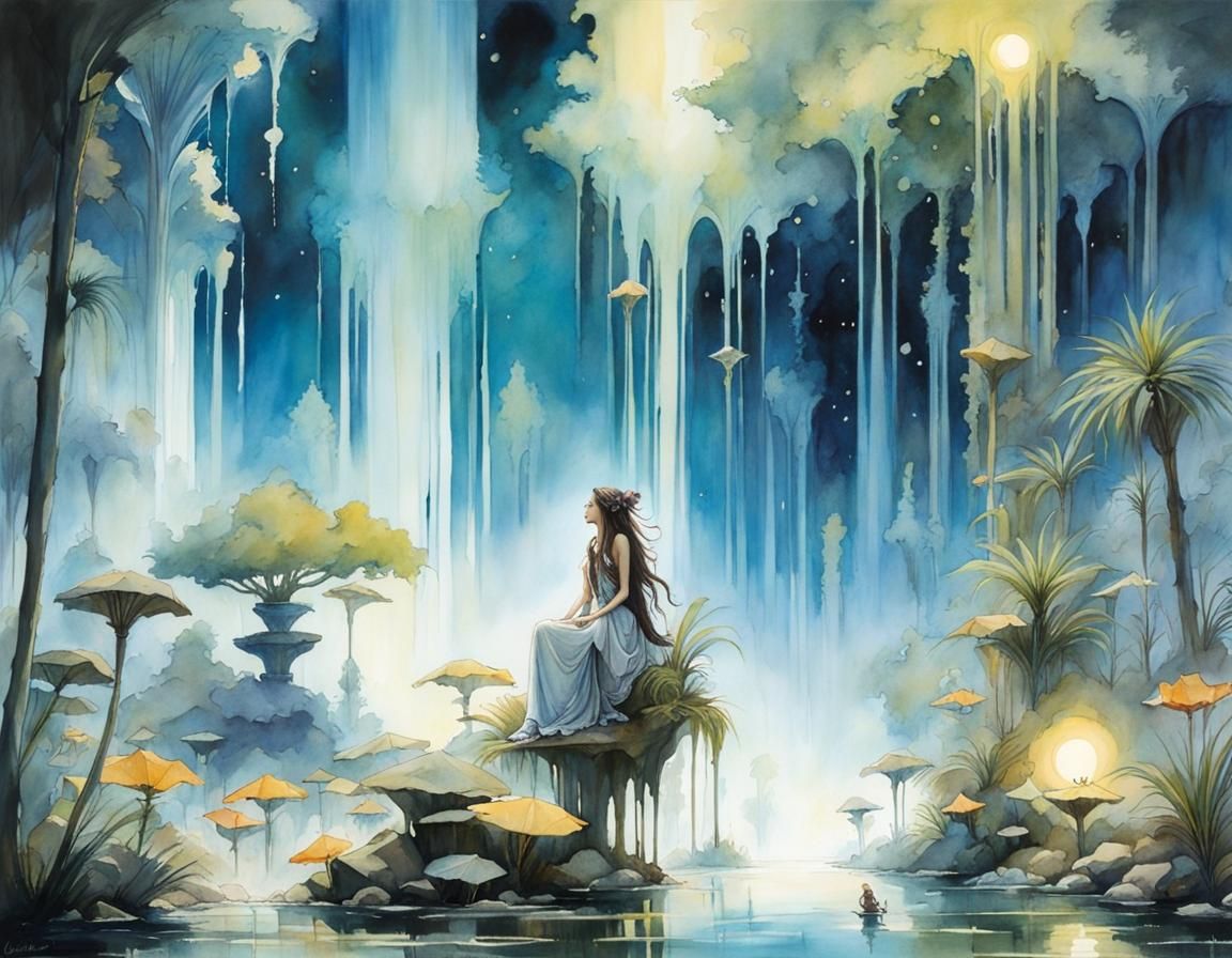 Dreamy Goddess at Midnight Oasis: Watercolour Art