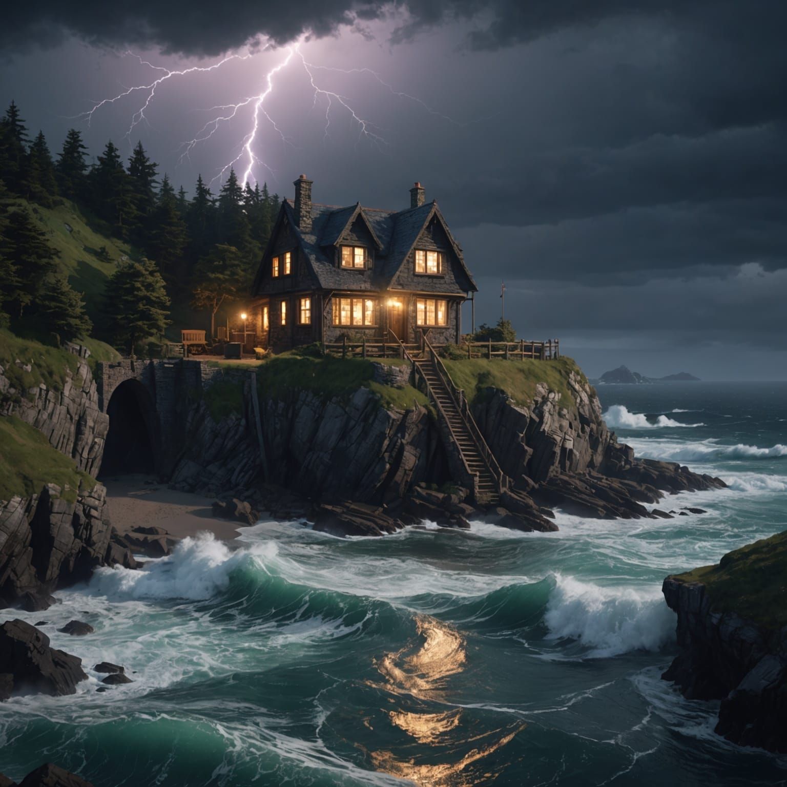 Cliffside Cottage Lit by Storm, Dark Fantasy Art