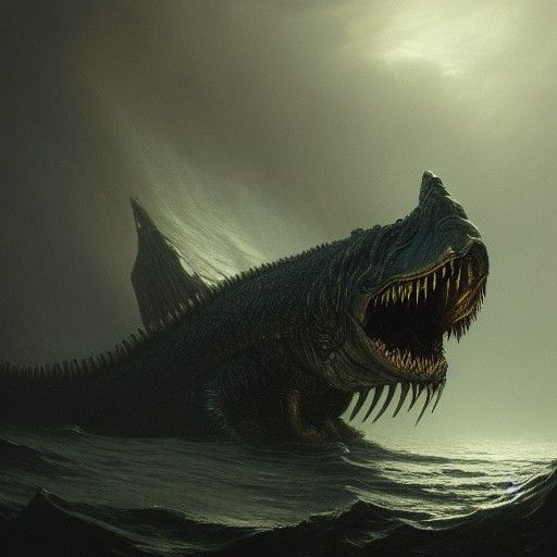 Horrific Leviathan with Distorted Mouth, Oil Painting