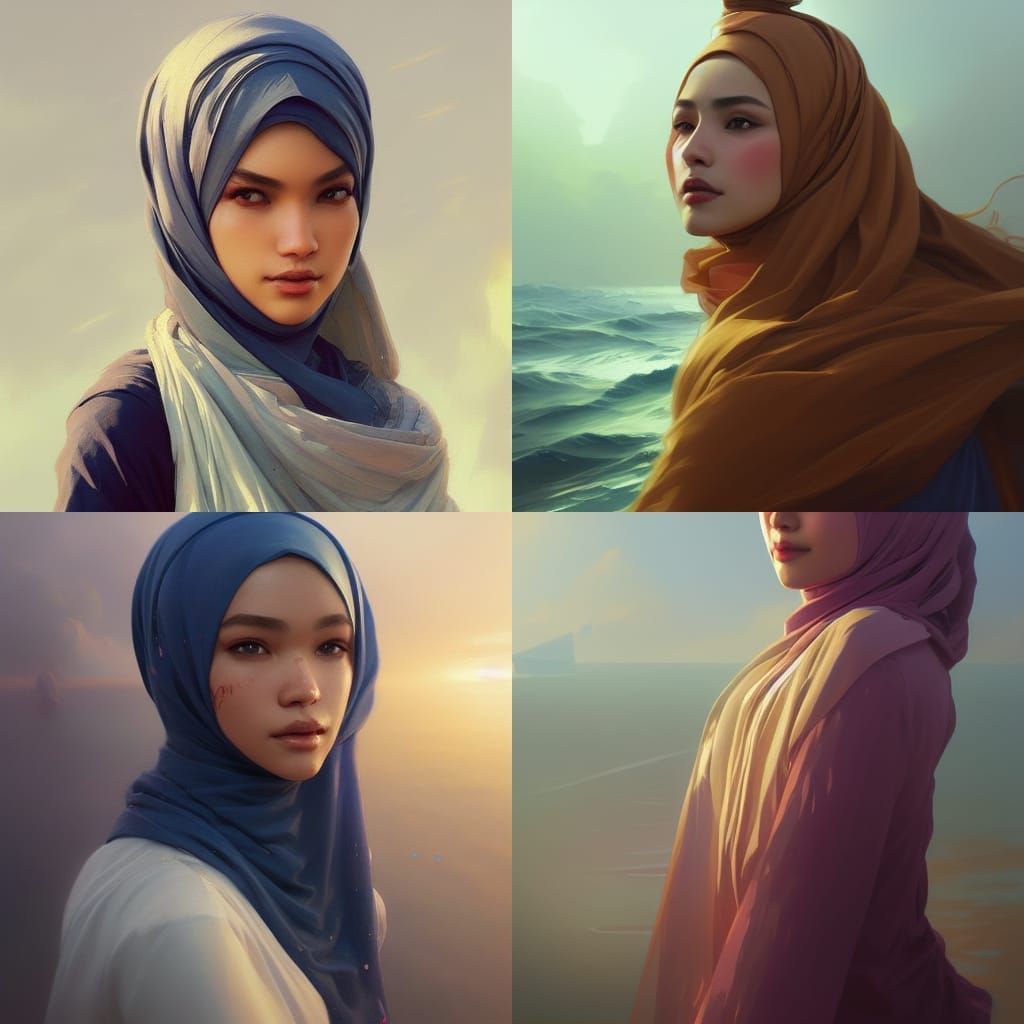 Malay Hijab Portrait on Sea, Splash Art Style
