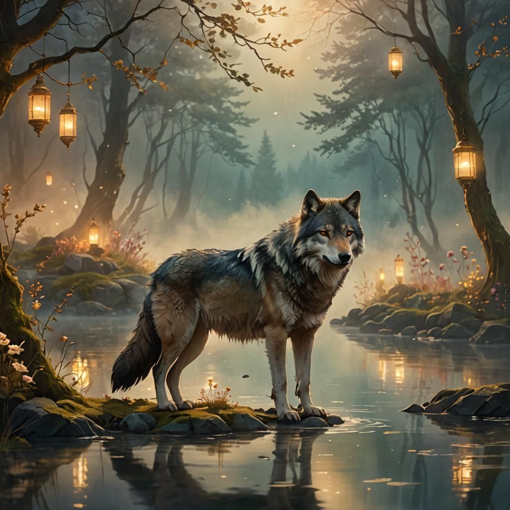 Ethereal Wolf on Misty Shore in Oil Painting Style
