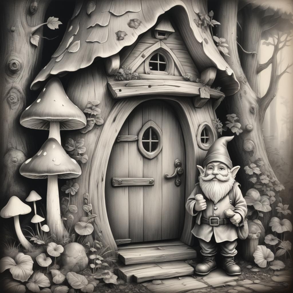 Gnome by Toadstool House in Detailed Charcoal Drawing
