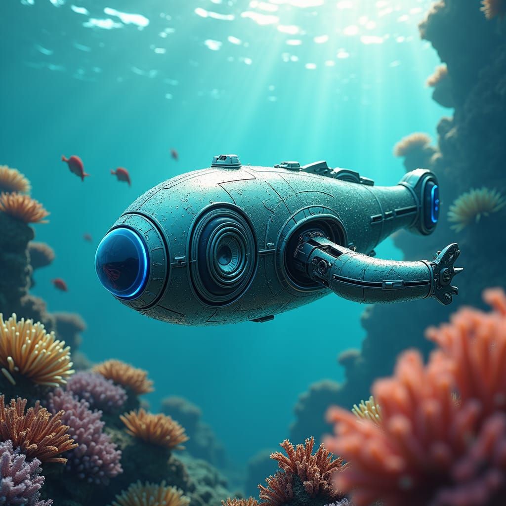 Underwater Robot Explorer in Coral Reef, Digital Art