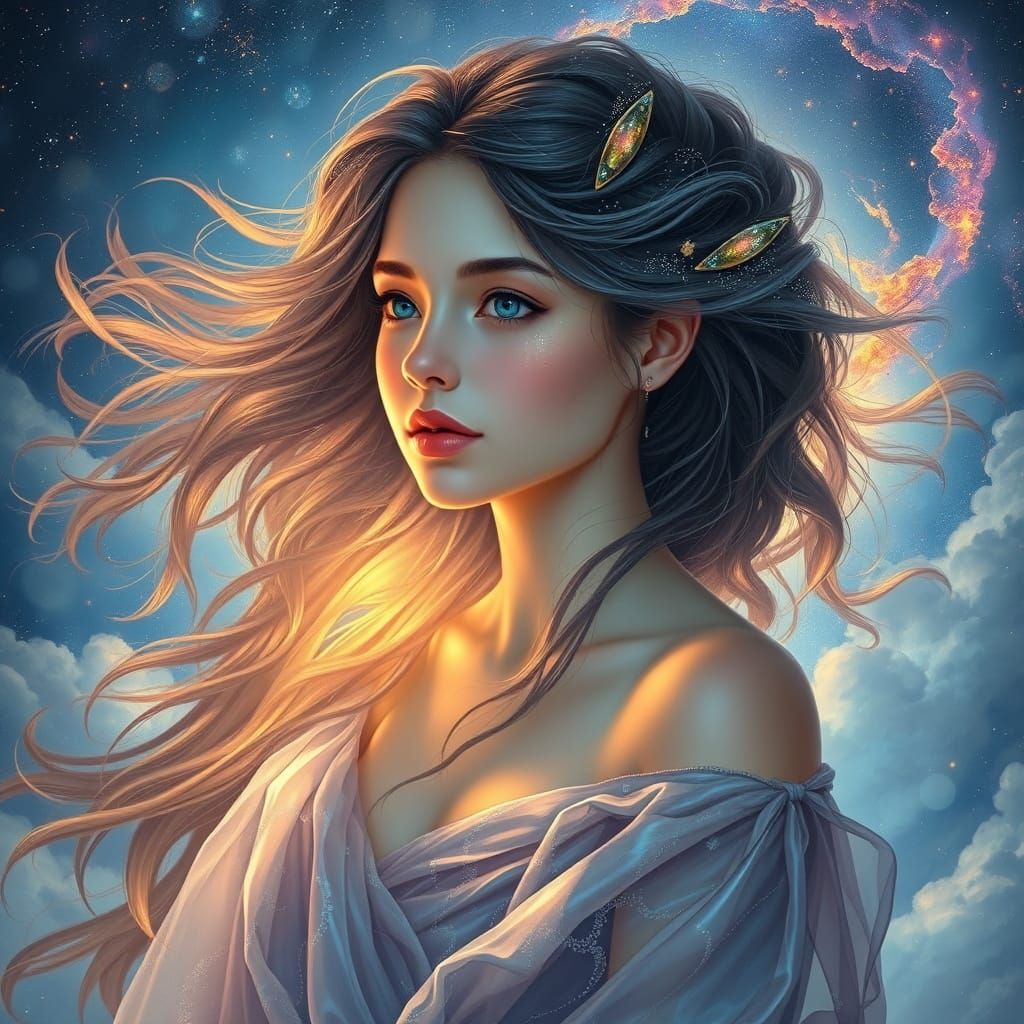 Ethereal Woman in Bioluminescent Galaxy, Magical Realism