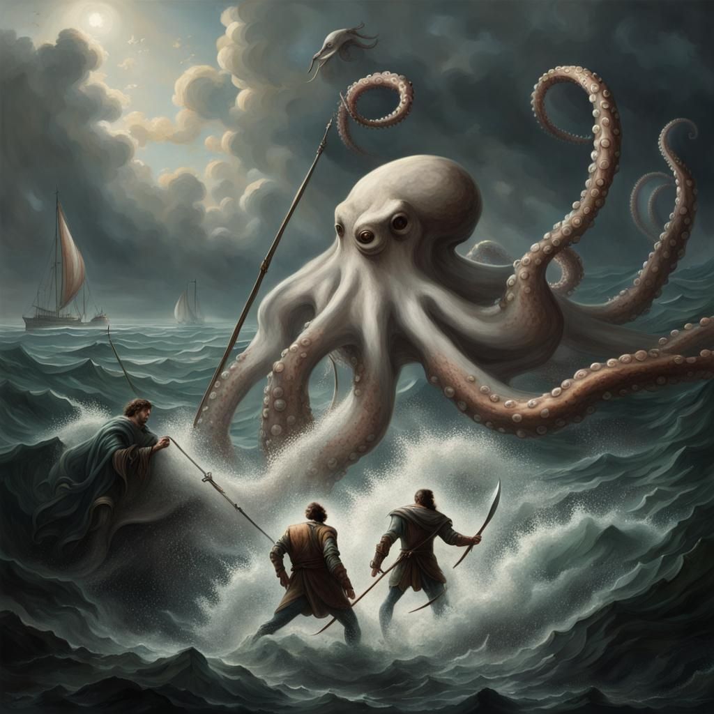 Octopus Attacks Man with Spear, Wolfeagle Attacks